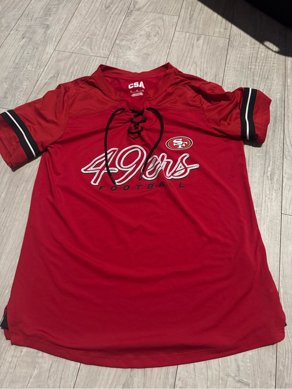 CSA bling 49ers Women's Red Lace-Up Short Sleeve Football Tee